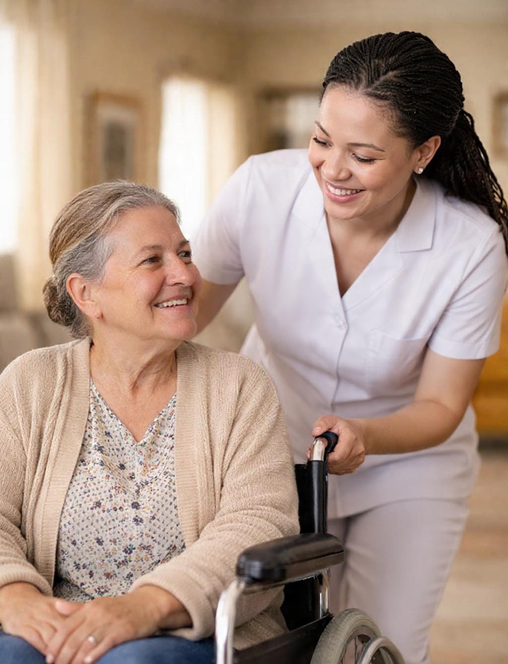 Caring professional assisting senior